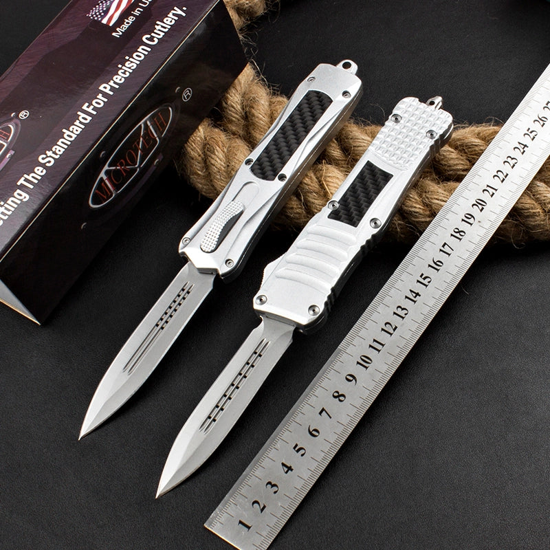 Micro-Tech Troodon Carbon Fiber Straight Jump Knife (Silver Handle)
