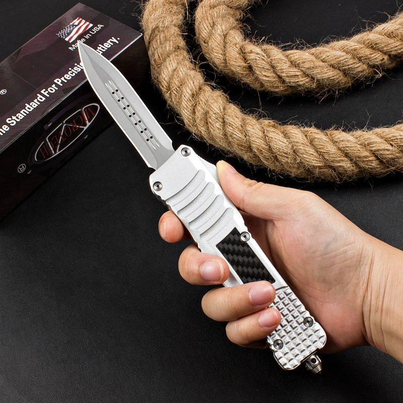 Micro-Tech Troodon Carbon Fiber Straight Jump Knife (Silver Handle)